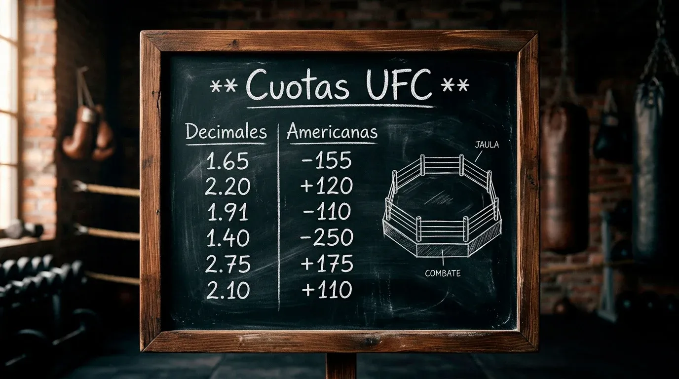 Pizarra con cuotas decimales americanas y fraccionarias de una pelea de UFC junto a un octágono