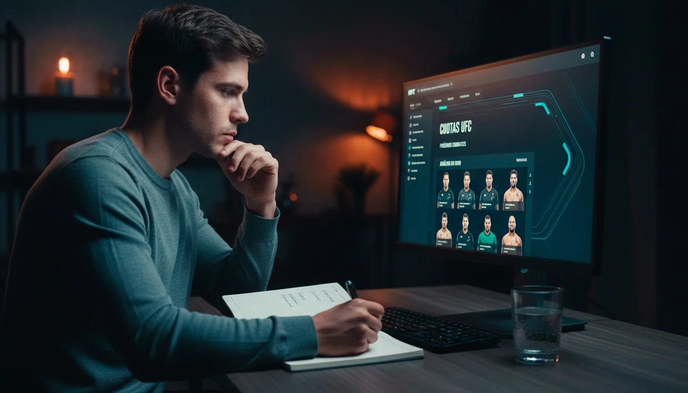 Apostador concentrado tomando notas frente a una pantalla con cuotas de UFC