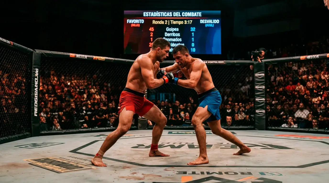Dos peleadores de UFC en el octágono representando la dinámica entre favorito y underdog